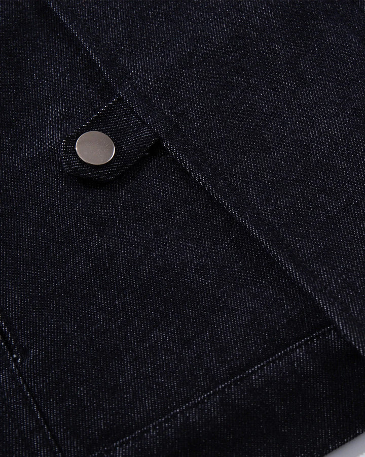 Men's dark blue denim jacket with spread collar and fireman clasp fastenings