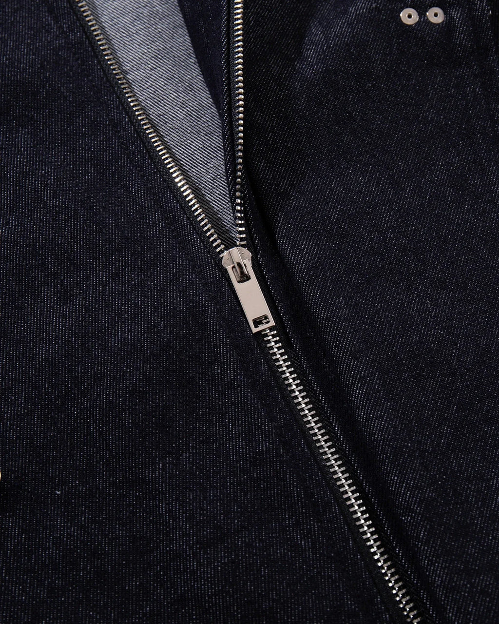 Men's dark blue denim jacket with spread collar and fireman clasp fastenings