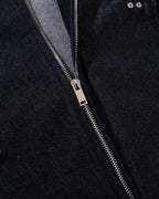 Men's dark blue denim jacket with spread collar and fireman clasp fastenings
