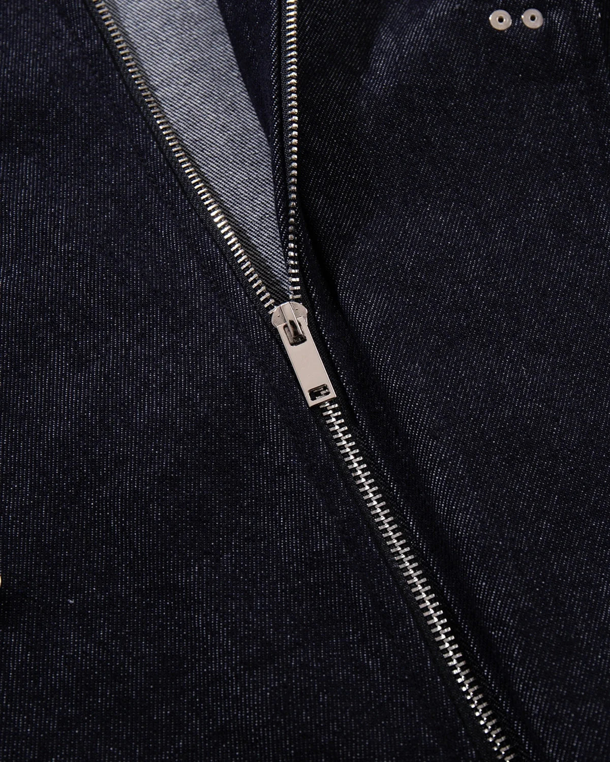 Men's dark blue denim jacket with spread collar and fireman clasp fastenings