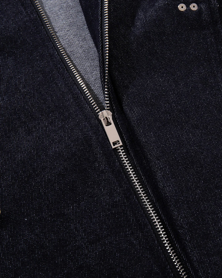 Men's dark blue denim jacket with spread collar and fireman clasp fastenings