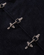 Men's dark blue denim jacket with spread collar and fireman clasp fastenings