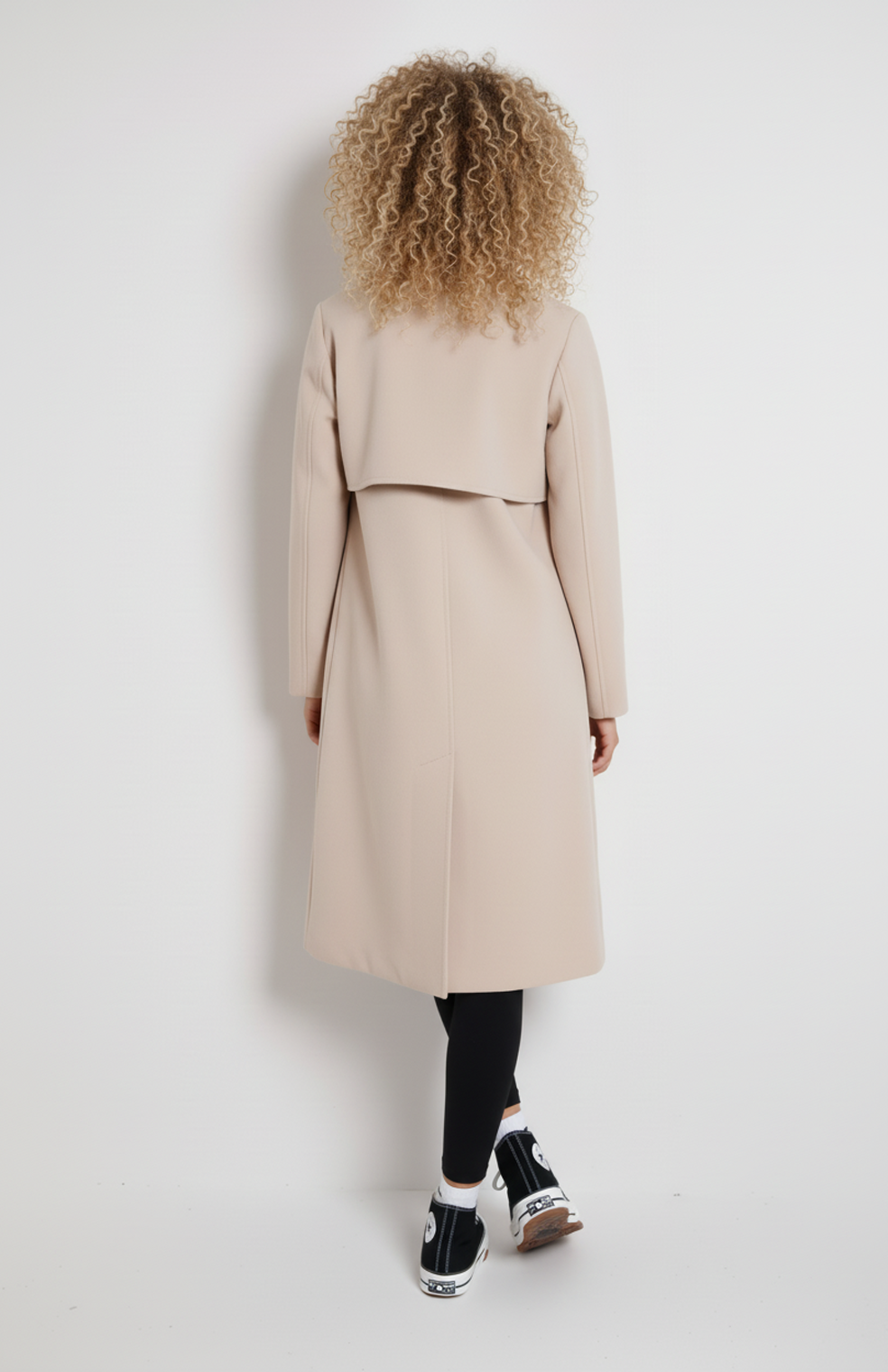 Women's long double-breasted coat with notched lapels