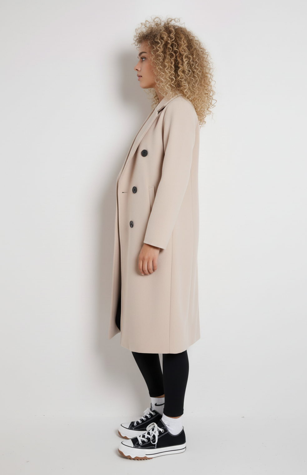 Women's long double-breasted coat with notched lapels