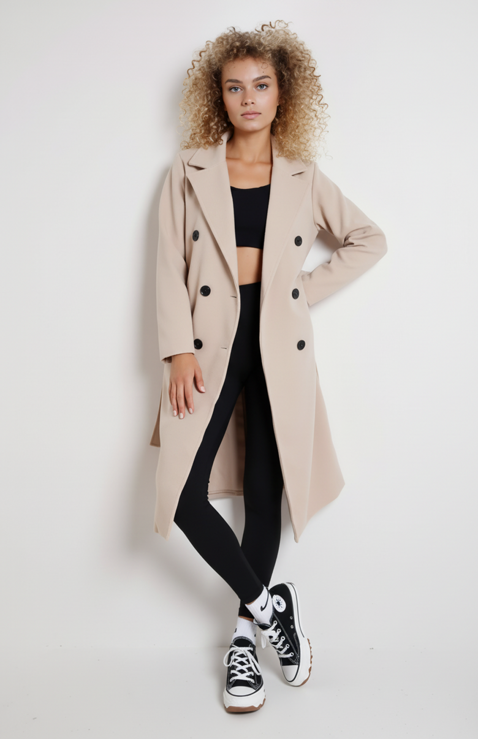 Women's long double-breasted coat with notched lapels