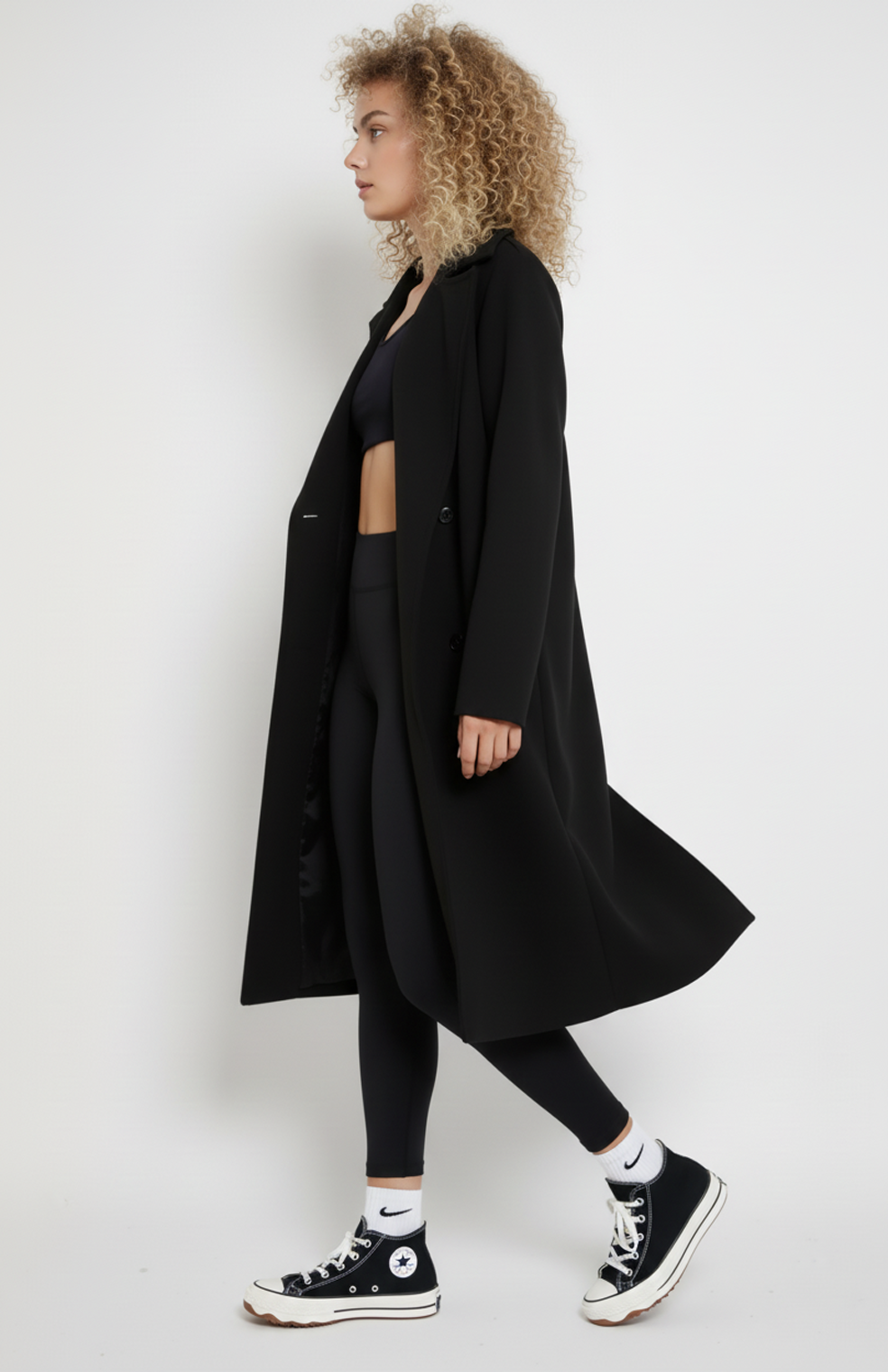 Women's long double-breasted coat with notched lapels