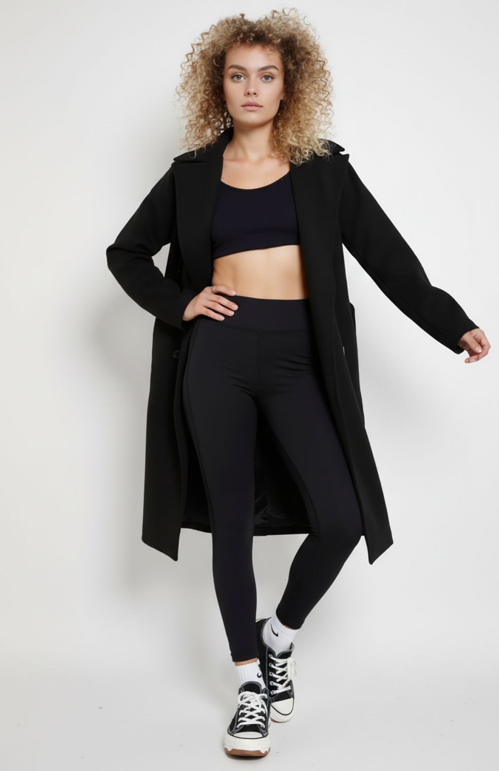 Women's long double-breasted coat with notched lapels
