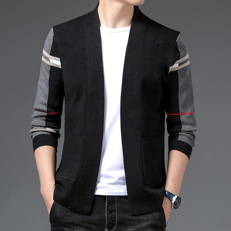 Men's open front cardigan with striped sleeves and patch pockets
