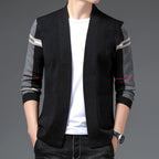 Men's open front cardigan with striped sleeves and patch pockets