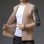 Men's open front cardigan with striped sleeves and patch pockets