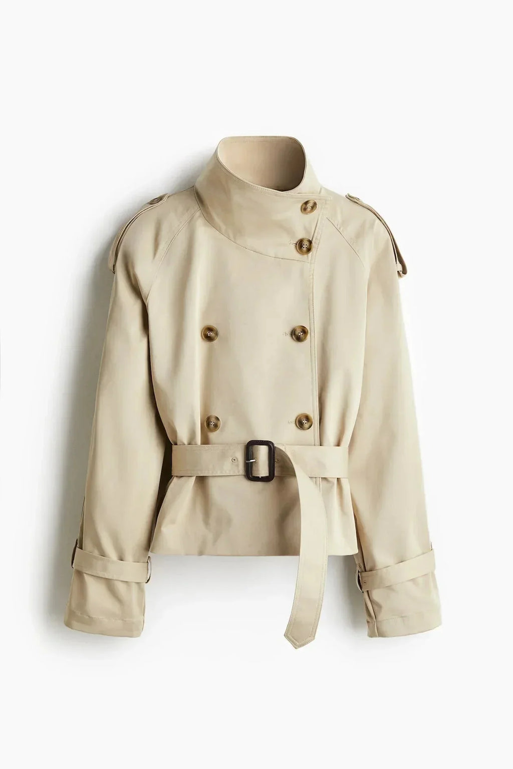 Women's short belted trench coat with stand collar and long sleeves