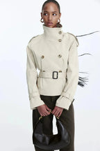Women's short belted trench coat with stand collar and long sleeves