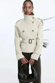 Women's short belted trench coat with stand collar and long sleeves
