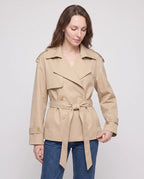 Women's short belted trench jacket with long sleeves and notched collar