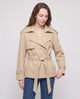 Women's short belted trench jacket with long sleeves and notched collar
