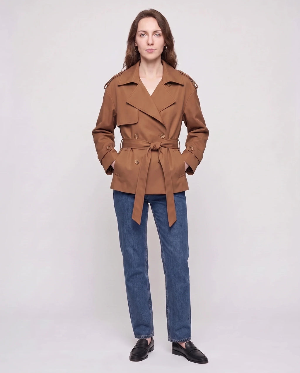 Women's short belted trench jacket with long sleeves and notched collar