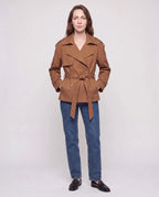 Women's short belted trench jacket with long sleeves and notched collar