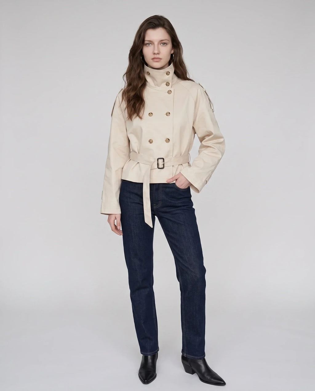 Women's short belted trench coat with high collar