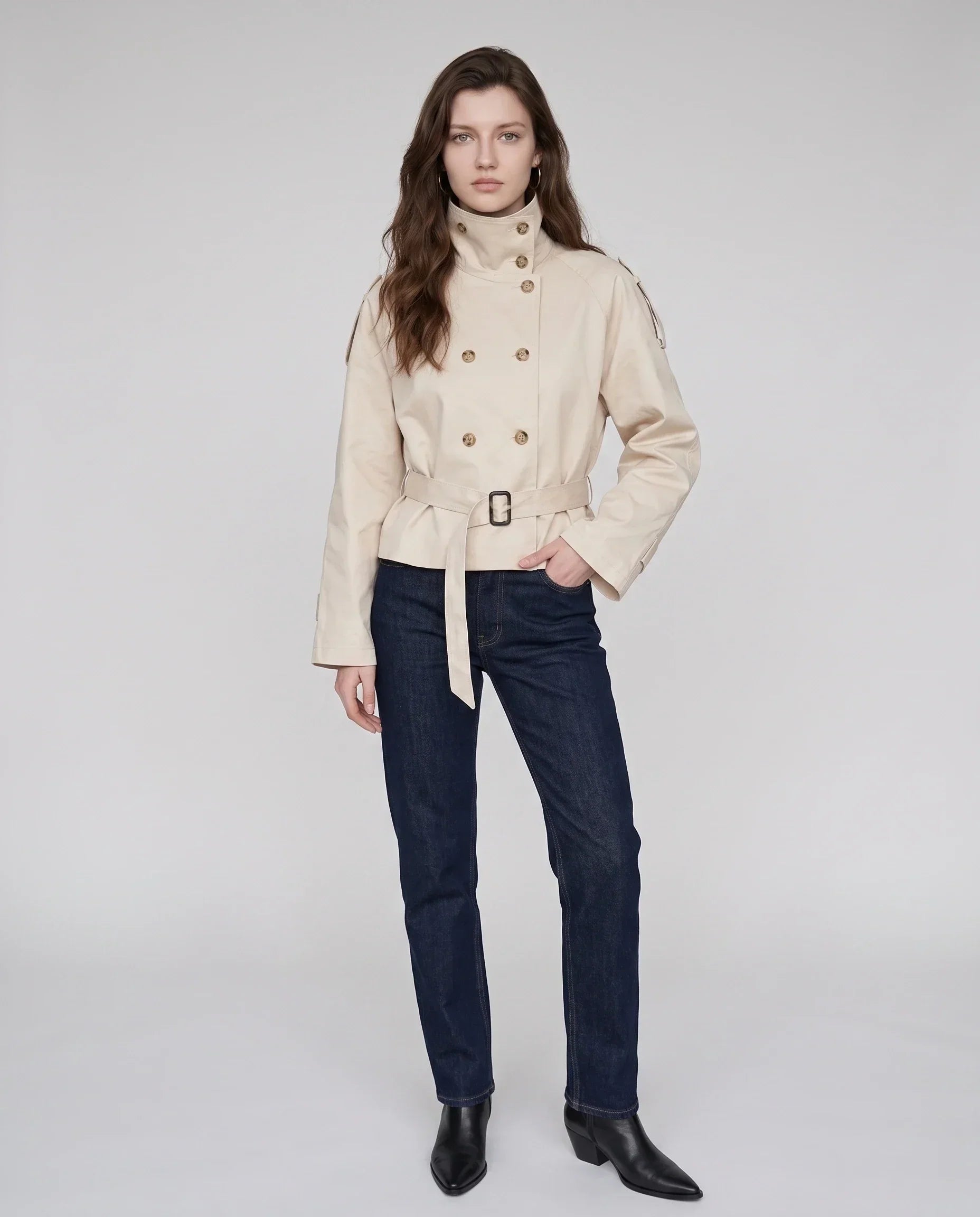 Women's short belted trench coat with high collar