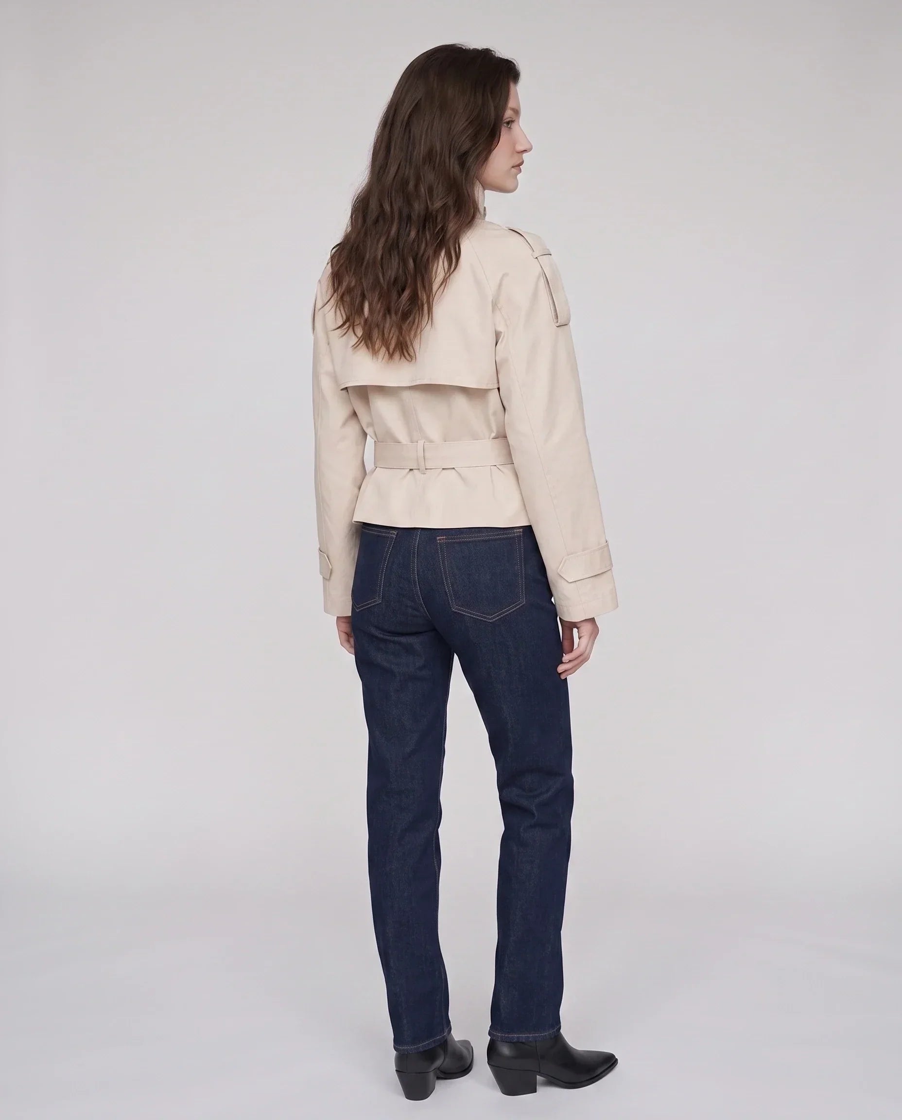 Women's short belted trench coat with high collar