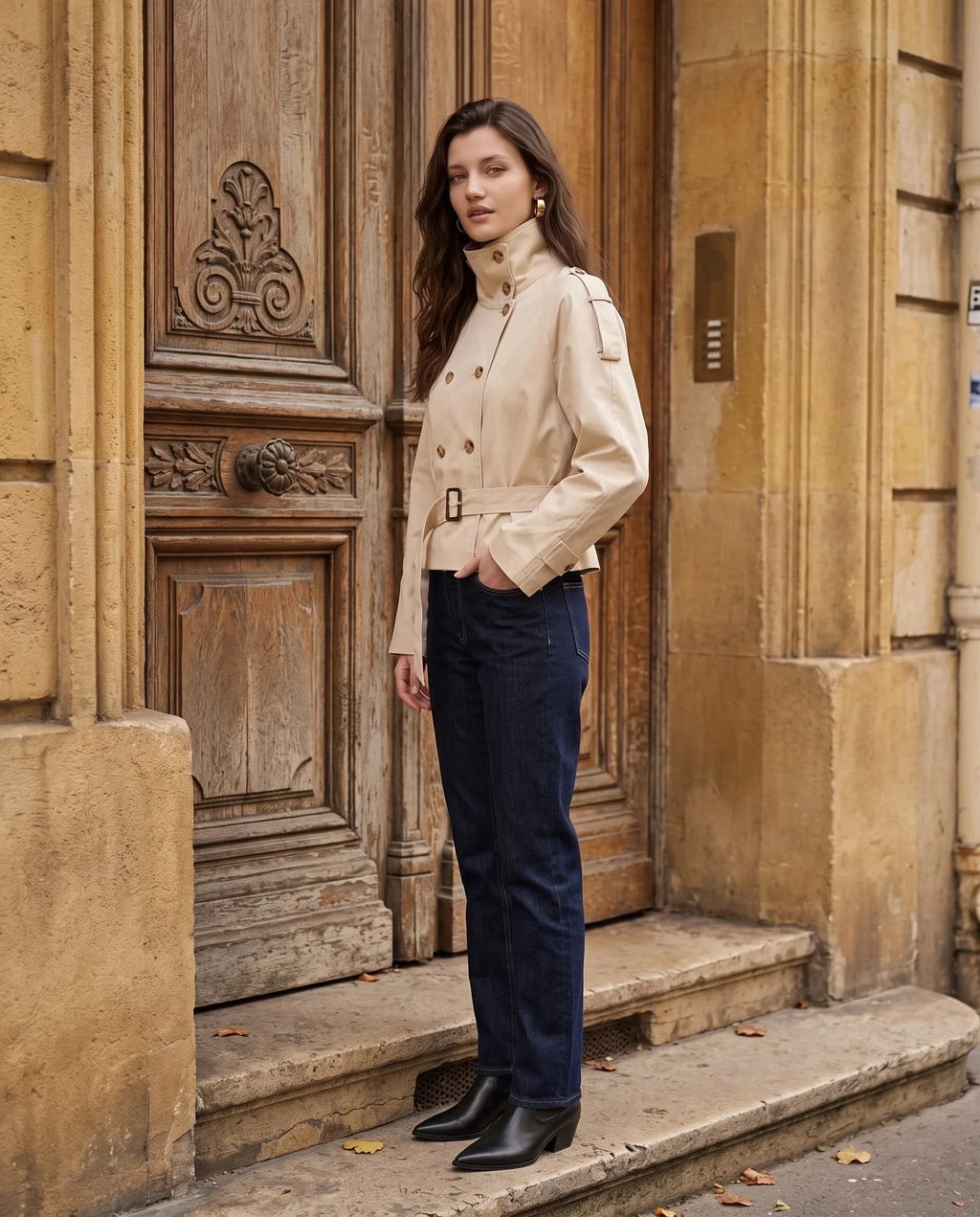 Women's short belted trench coat with high collar
