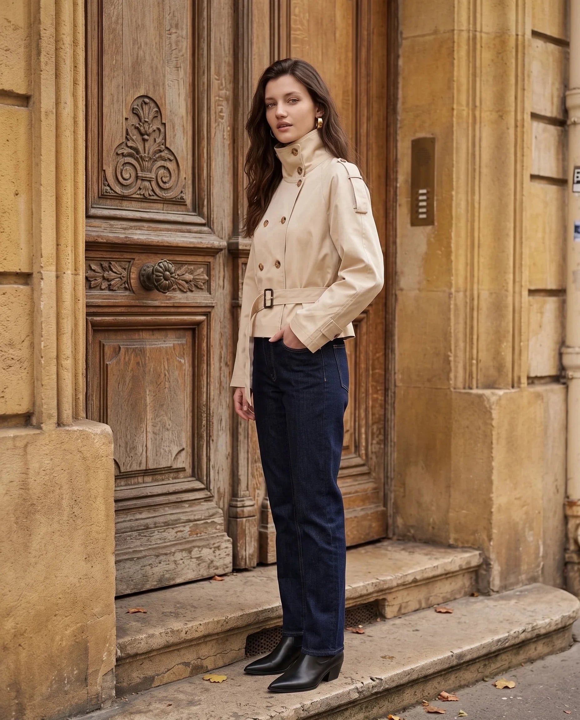 Women's short belted trench coat with high collar
