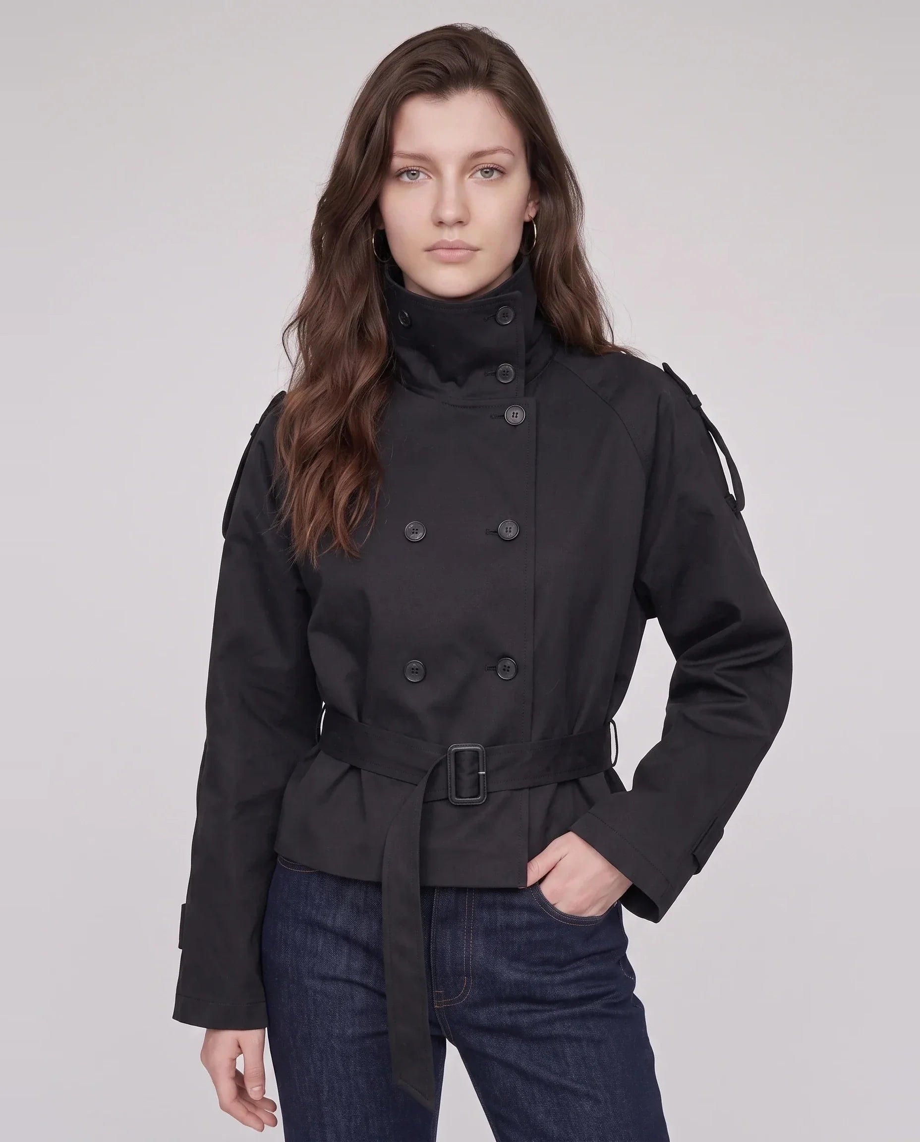 Women's short belted trench coat with high collar