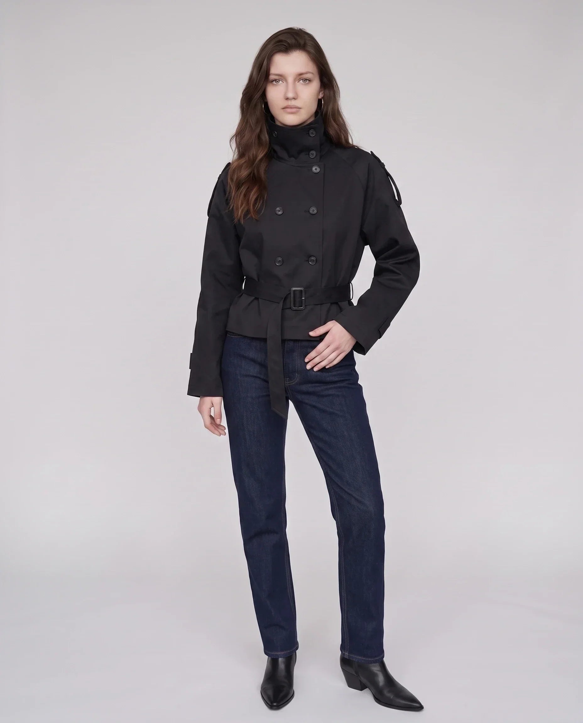Women's short belted trench coat with high collar
