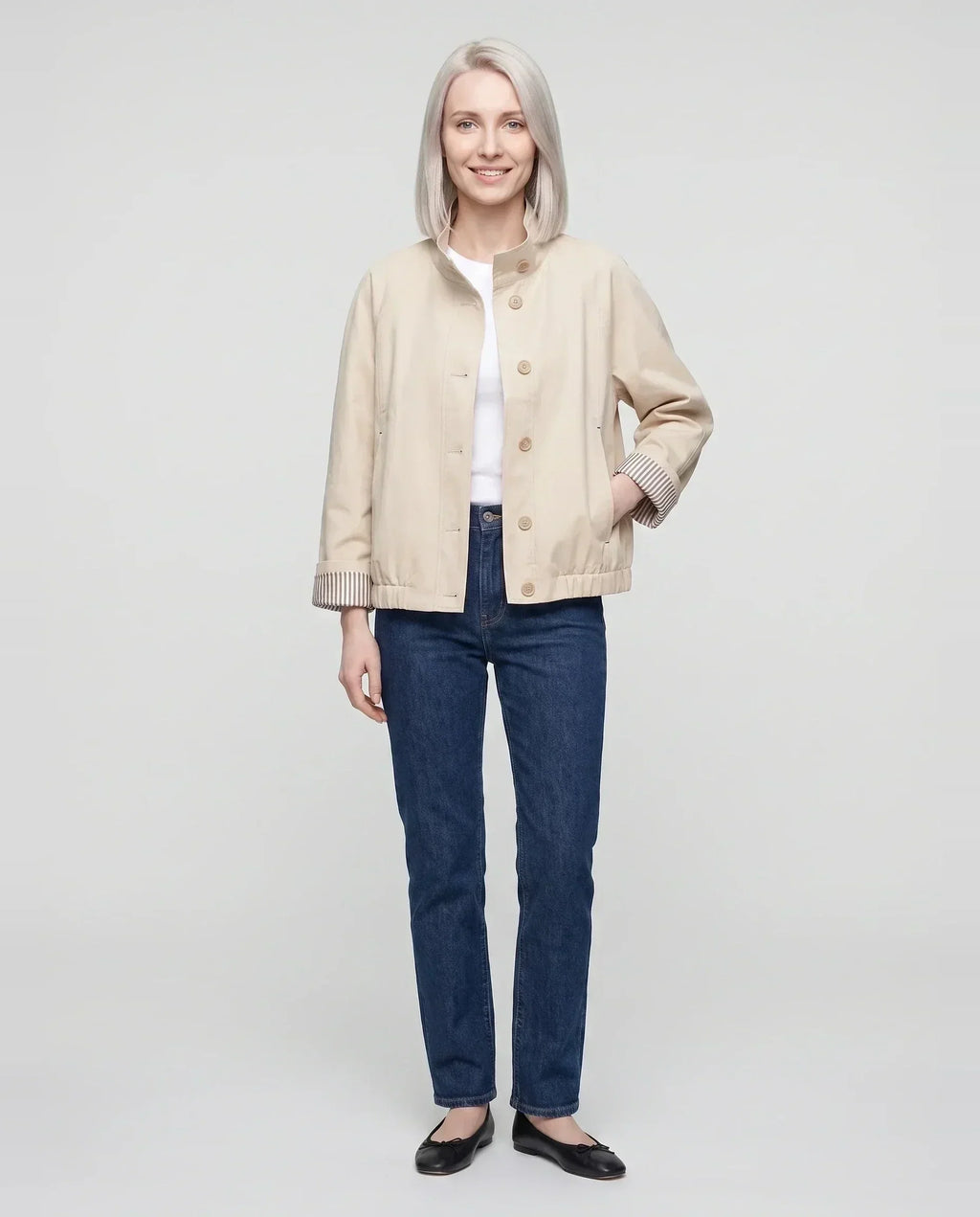 Women's short stand collar jacket with button front and long sleeves