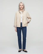 Women's short stand collar jacket with button front and long sleeves