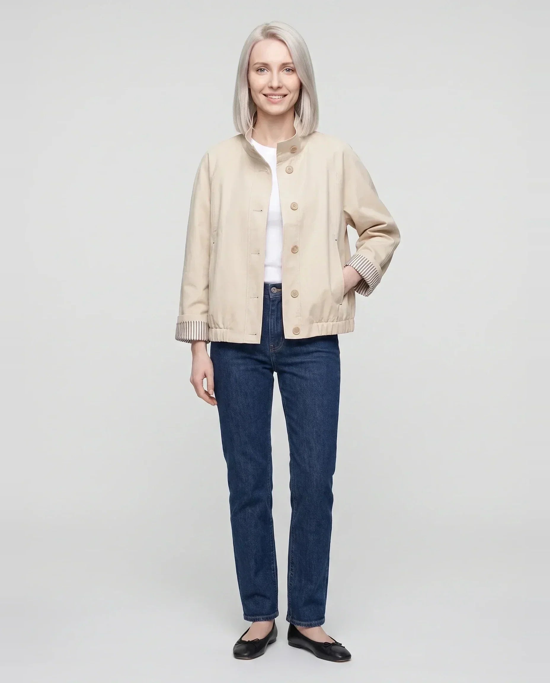 Women's short stand collar jacket with button front and long sleeves