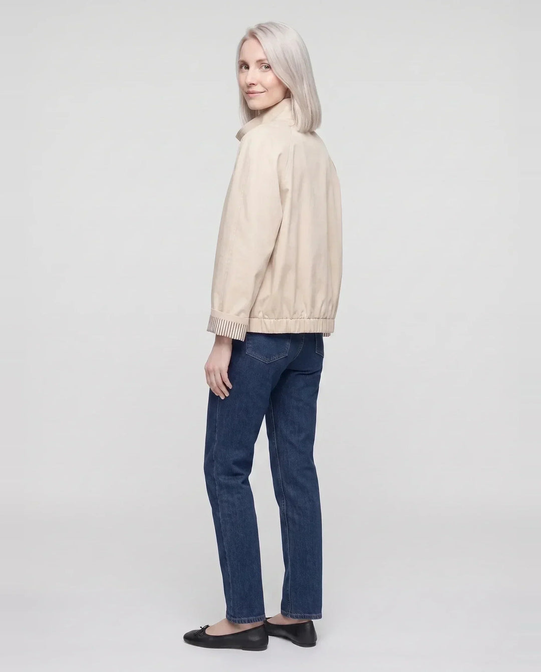 Women's short stand collar jacket with button front and long sleeves