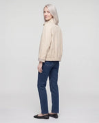 Women's short stand collar jacket with button front and long sleeves