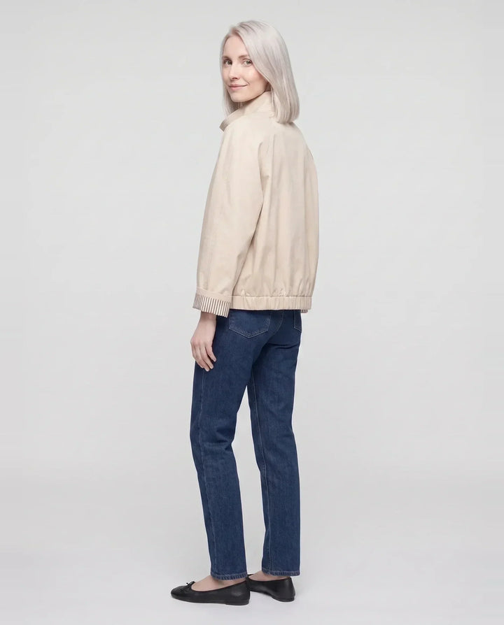 Women's short stand collar jacket with button front and long sleeves