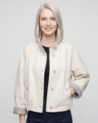Women's short stand collar jacket with button front and long sleeves