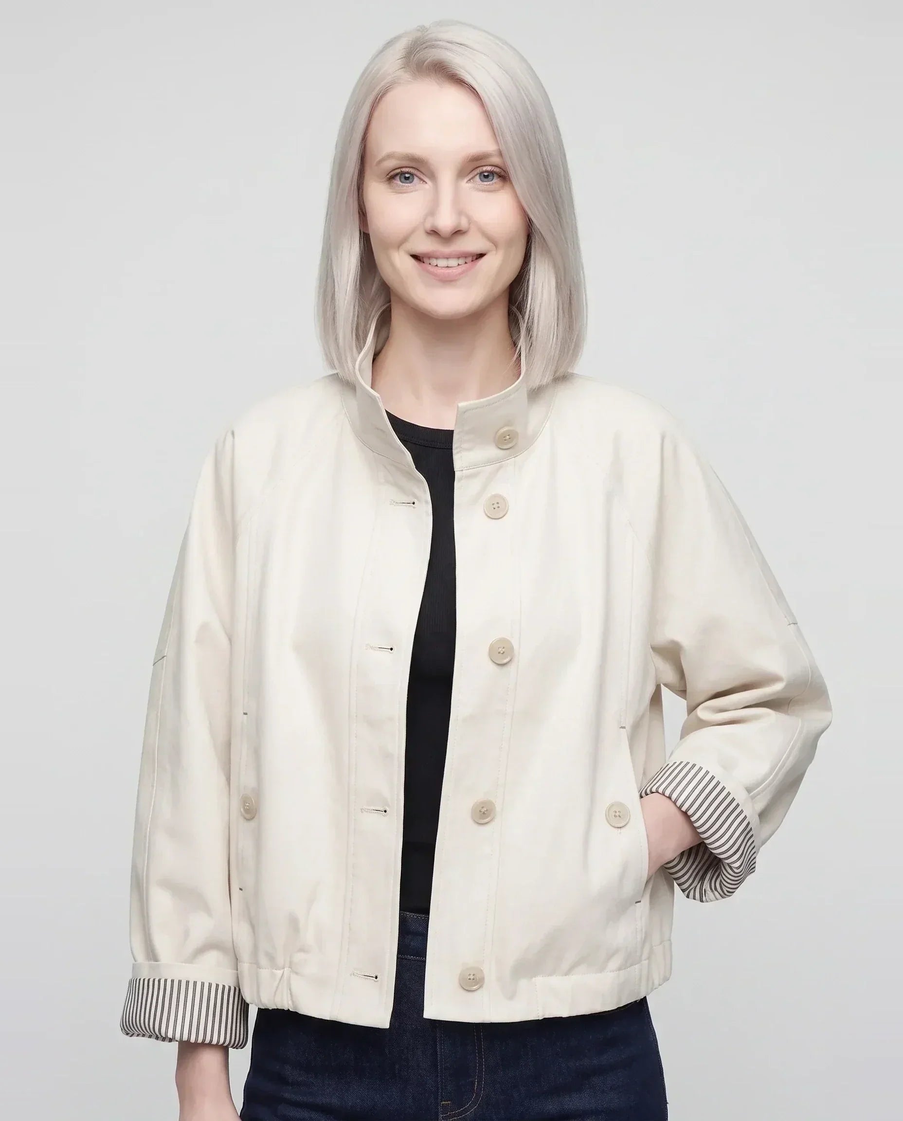 Women's short stand collar jacket with button front and long sleeves