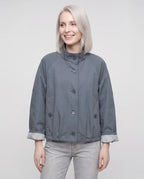 Women's short stand collar jacket with button front and long sleeves