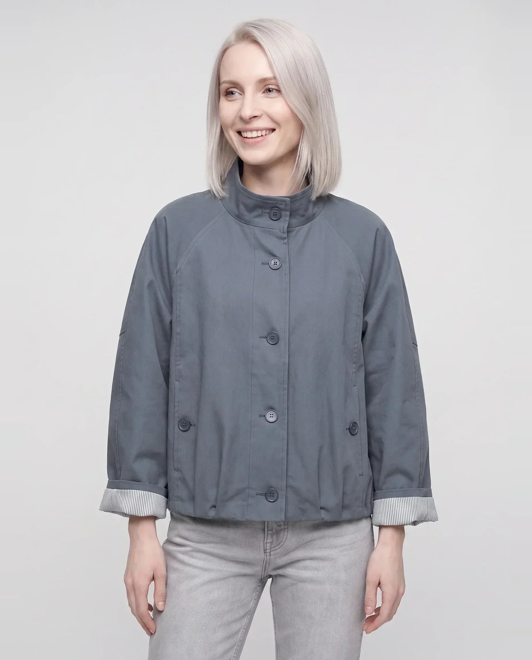 Women's short stand collar jacket with button front and long sleeves