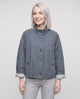 Women's short stand collar jacket with button front and long sleeves