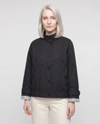 Women's short stand collar jacket with button front and long sleeves