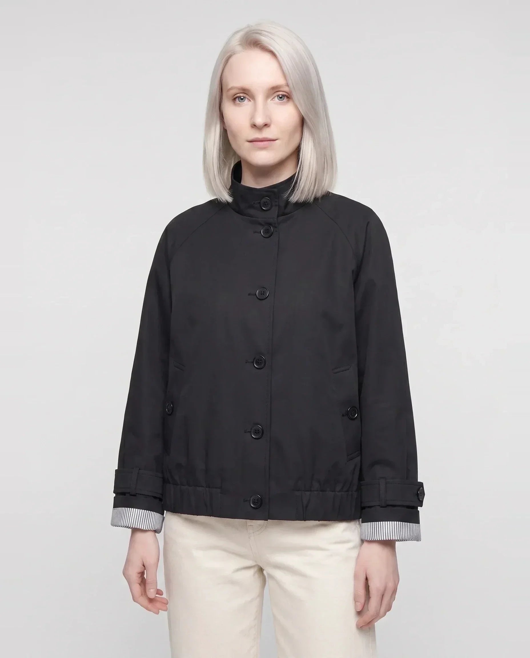 Women's short stand collar jacket with button front and long sleeves