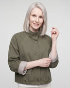 Women's short stand collar jacket with button front and long sleeves
