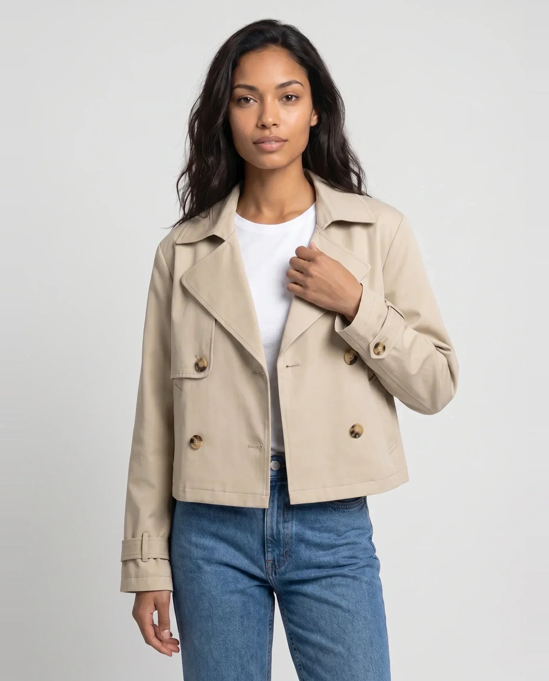 Women's beige cropped double-breasted trench jacket