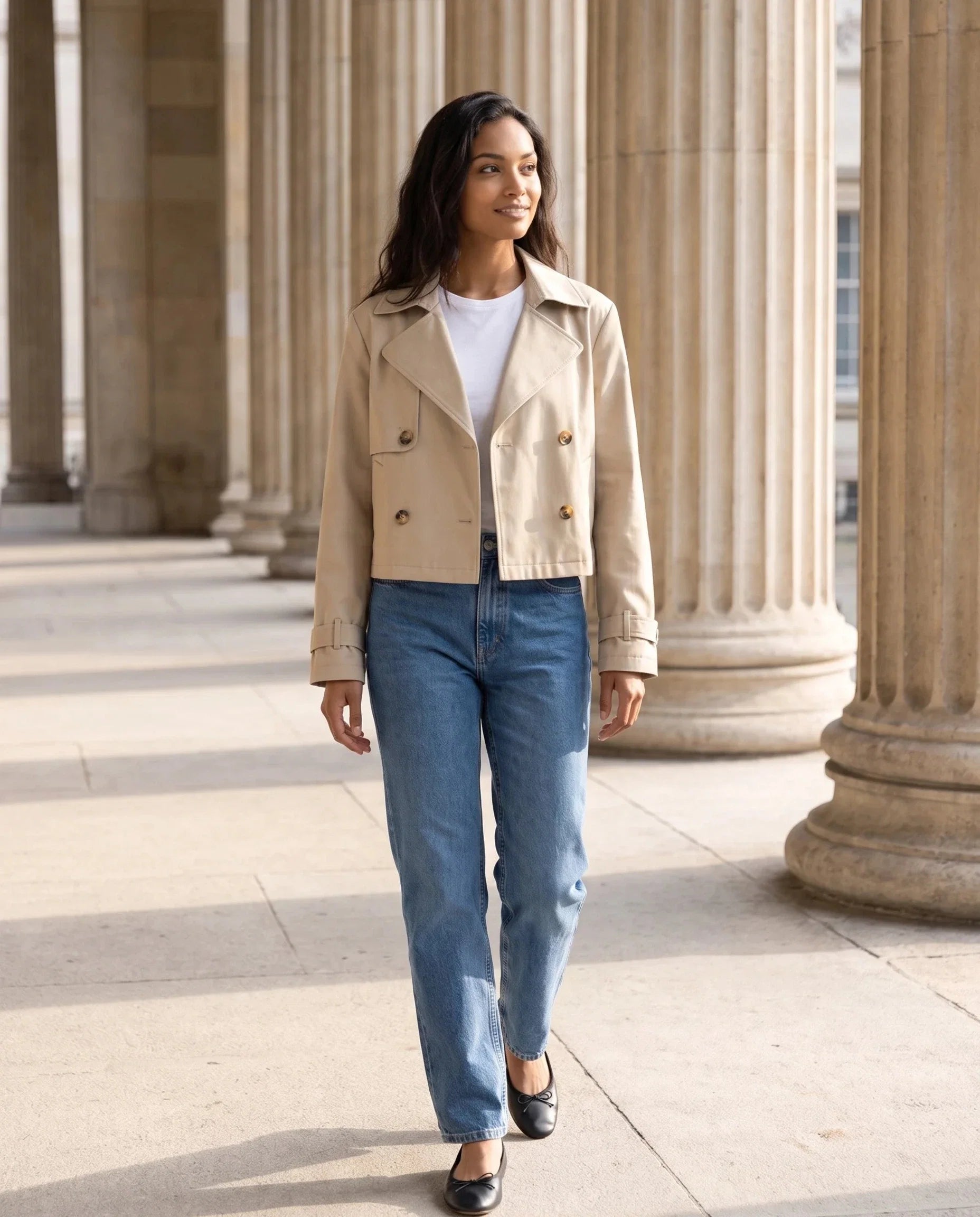 Women's beige cropped double-breasted trench jacket