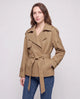Women's short belted trench jacket with long sleeves and notched collar