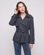 Women's short belted trench jacket with long sleeves and notched collar