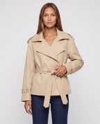 Women's oversized short belted trench jacket with wide lapels and long sleeves