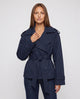 Women's oversized short belted trench jacket with wide lapels and long sleeves