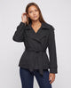 Women's oversized short belted trench jacket with wide lapels and long sleeves
