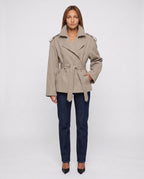 Women's oversized short belted trench jacket with wide lapels and long sleeves
